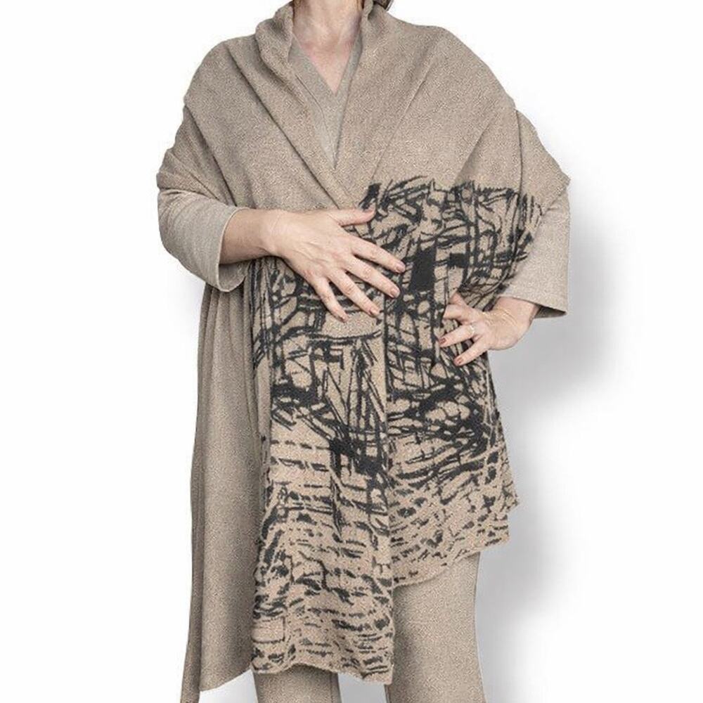 Neutral Taupe Beige Abstract Art Knit Shawl Wrap Poncho Scarf Lightweight‎ Layer